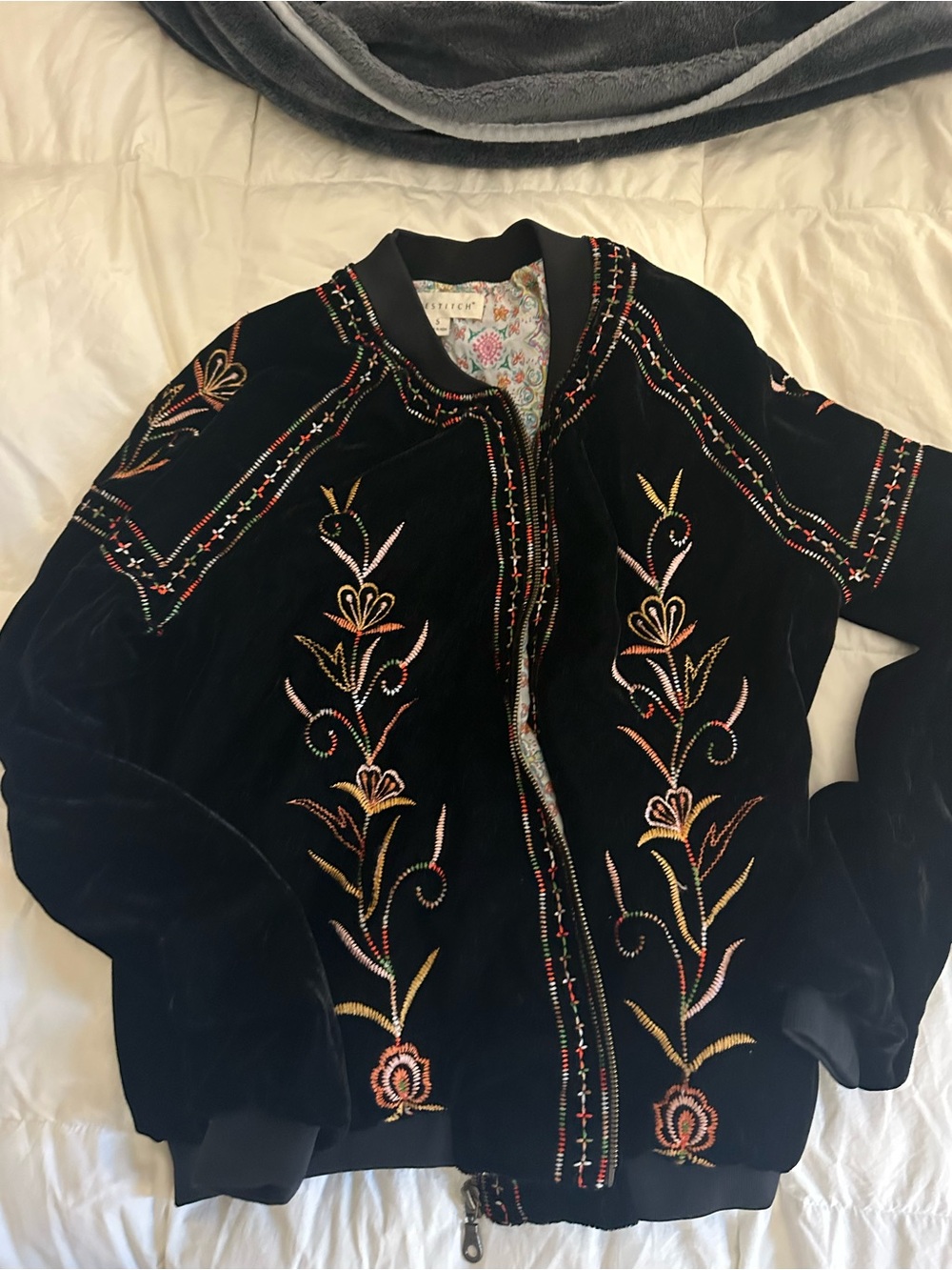 Lovestitch Velvet Embroidered Bomber Jacket - Black